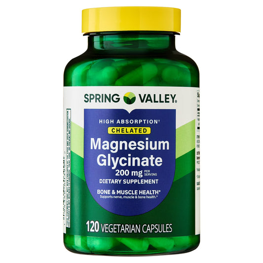 (3 pack) Spring Valley High Absorption Magnesium Glycinate Capsules for Bone and Muscle Support, 200 mg, 120 Count