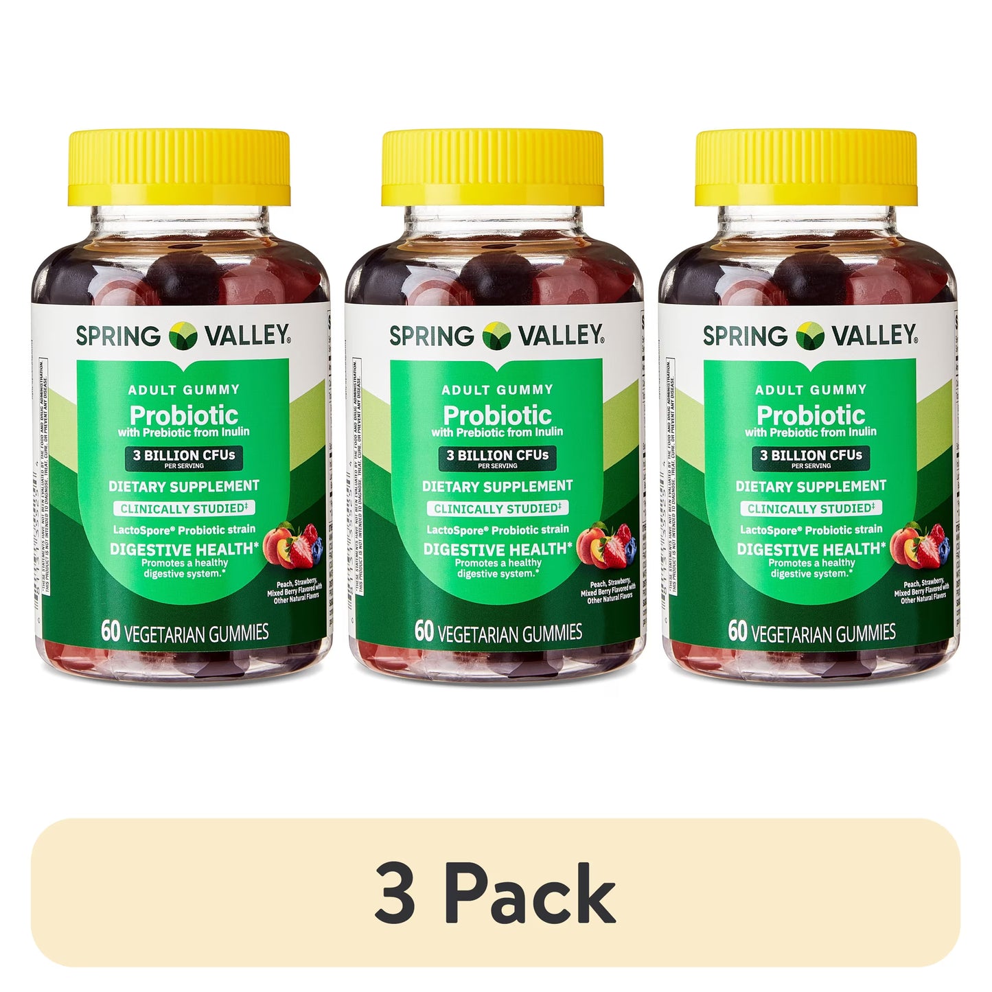(3 pack) Spring Valley Probiotic with Prebiotic from Inulin Vegetarian Gummies for Digestive Health, Assorted Flavors, 3 Billion CFU, 60 Count