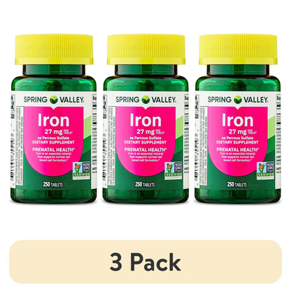 (3 pack) Spring Valley Iron Prenatal Health Dietary Supplement Tablets, 27 mg, 250 Count