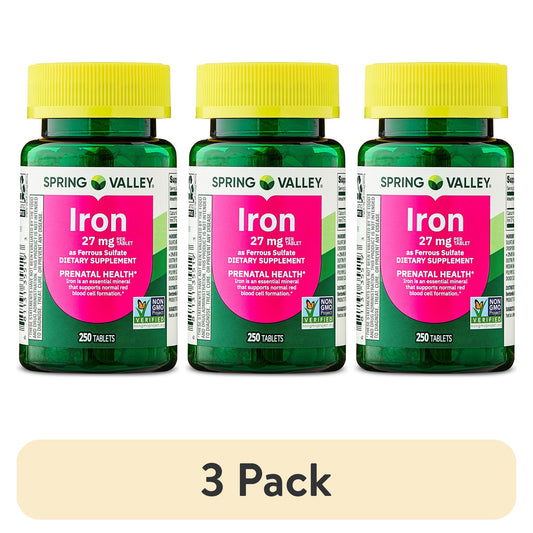 (3 pack) Spring Valley Iron Prenatal Health Dietary Supplement Tablets, 27 mg, 250 Count