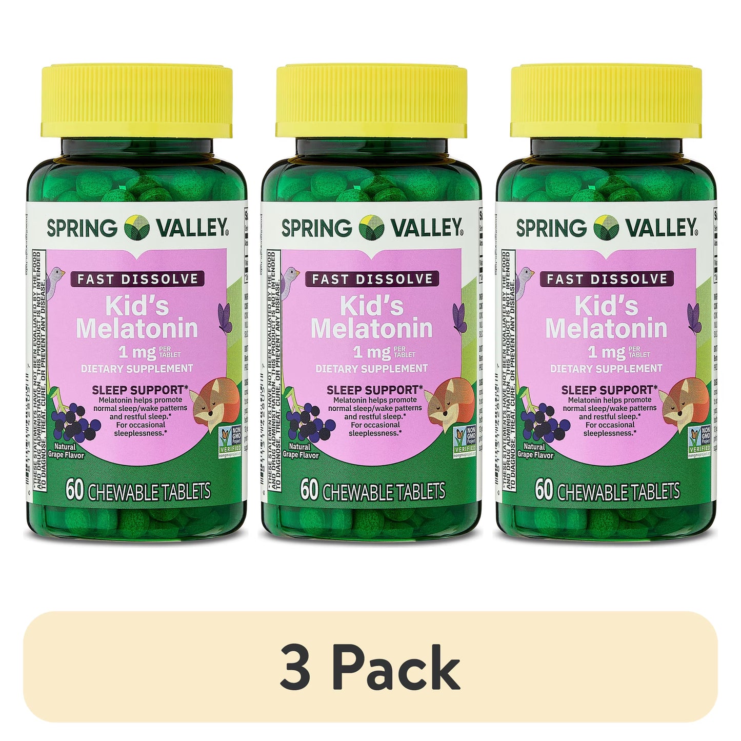 (3 pack) Spring Valley Kids Melatonin Chewable Tablets Sleep Support Dietary Supplement, Grape Flavor, 1 mg, 60 Count