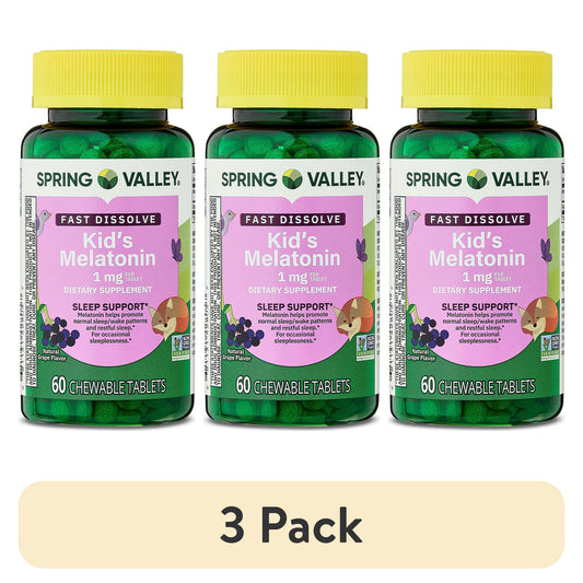 (3 pack) Spring Valley Kids Melatonin Chewable Tablets Sleep Support Dietary Supplement, Grape Flavor, 1 mg, 60 Count
