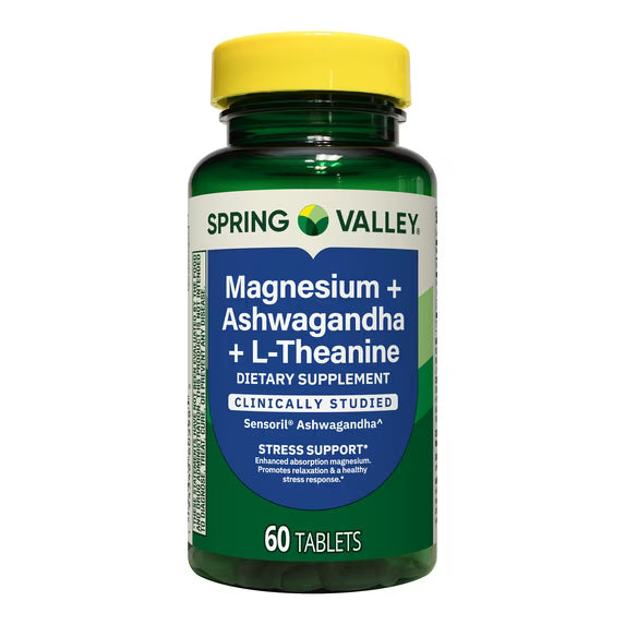 (3 pack) Spring Valley Magnesium + Ashwagandha + L-Theanine for Stress Support Tablets, 60 Count