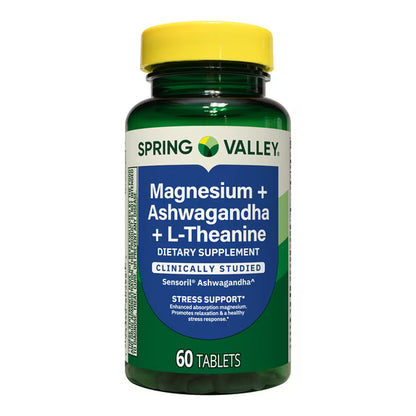 (3 pack) Spring Valley Magnesium + Ashwagandha + L-Theanine for Stress Support Tablets, 60 Count