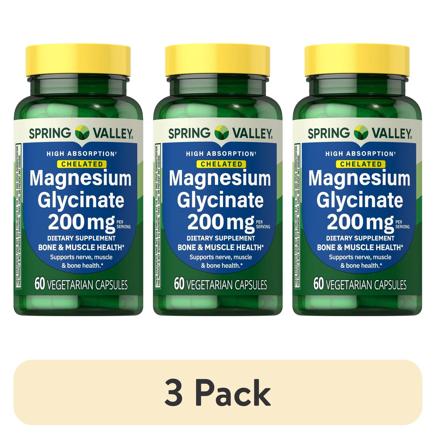 (3 pack) Spring Valley Magnesium Glycinate 200 mg Capsules, Supports Bone & Joint Health