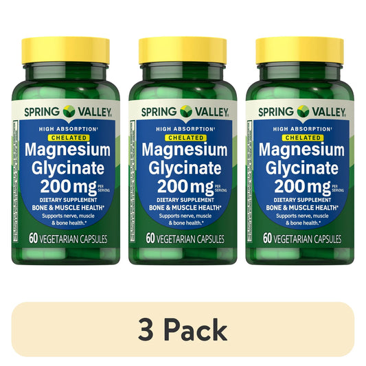 (3 pack) Spring Valley Magnesium Glycinate 200 mg Capsules, Supports Bone & Joint Health