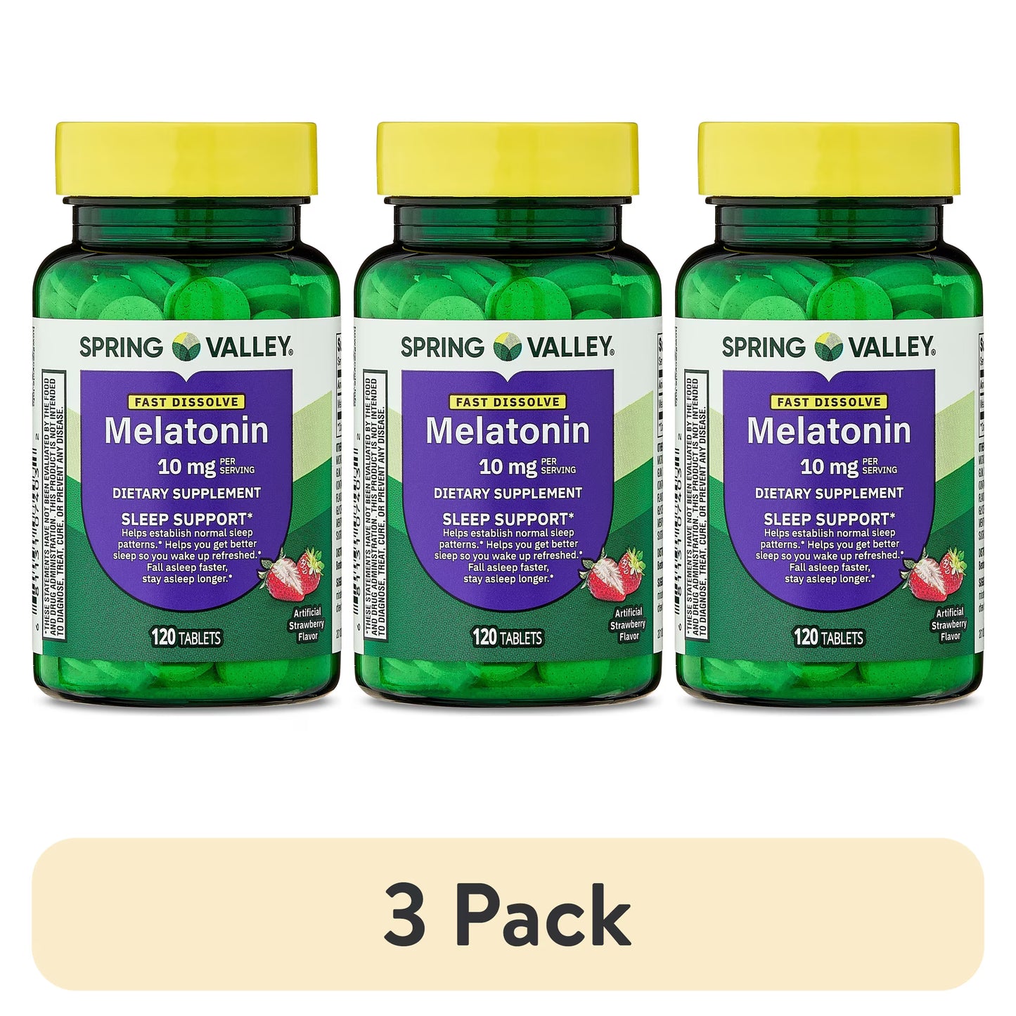 (3 pack) Spring Valley Fast-Dissolve Melatonin Sleep Support Dietary Supplement Tablets, Strawberry, 10 mg, 120 Count