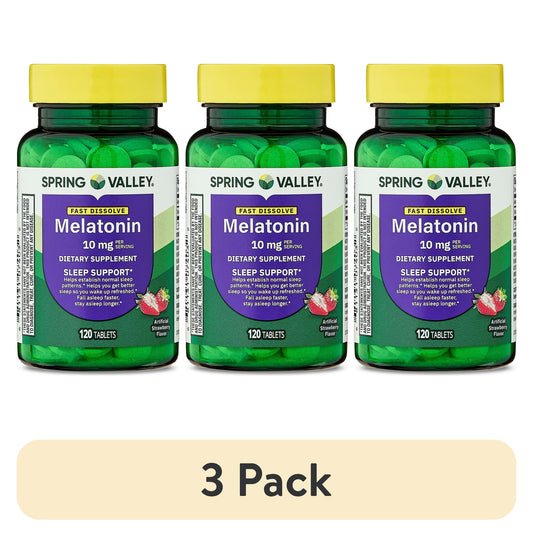 (3 pack) Spring Valley Fast-Dissolve Melatonin Sleep Support Dietary Supplement Tablets, Strawberry, 10 mg, 120 Count