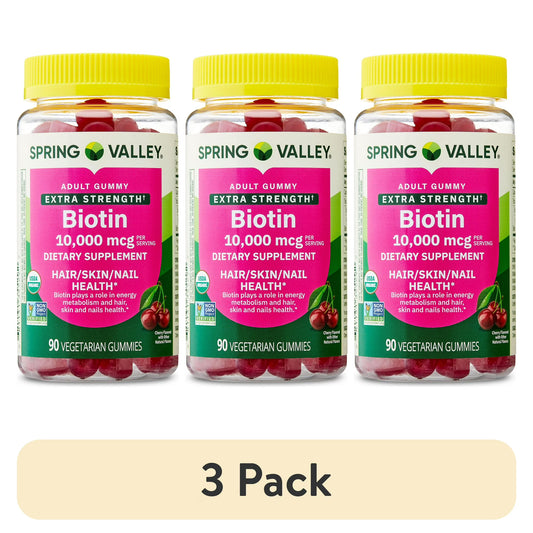 (3 pack) Spring Valley Organic Extra Strength Biotin Vegetarian Gummies for Hair/Skin/Nail Health, Cherry, 10000 mcg, 90 Count