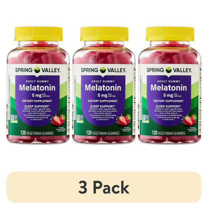 (3 pack) Spring Valley Non GMO Melatonin Sleep Support Dietary Supplement Gummies, Strawberry, 5 mg, 120 Count