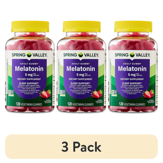 (3 pack) Spring Valley Non GMO Melatonin Sleep Support Dietary Supplement Gummies, Strawberry, 5 mg, 120 Count