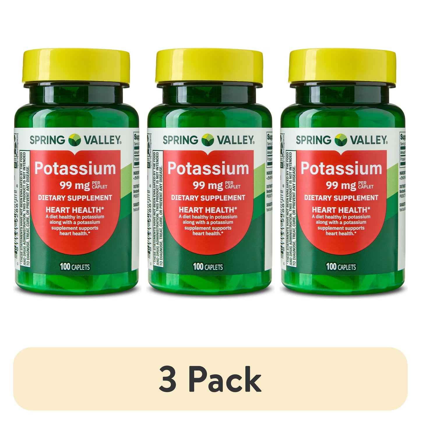 (3 pack) Spring Valley Potassium Dietary Supplement Caplets for Heart Health, 99 mg, 100 Count