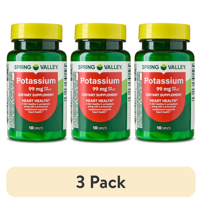 (3 pack) Spring Valley Potassium Dietary Supplement Caplets for Heart Health, 99 mg, 100 Count