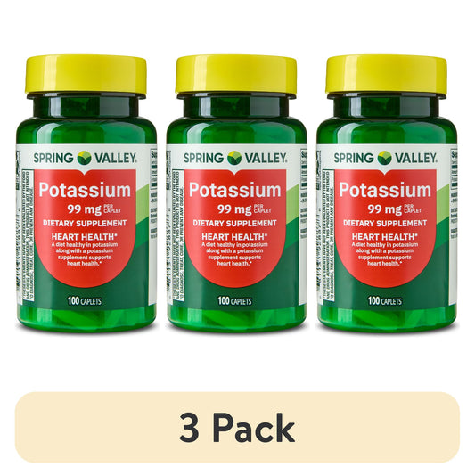 (3 pack) Spring Valley Potassium Dietary Supplement Caplets for Heart Health, 99 mg, 100 Count