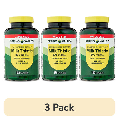 (3 pack) Spring Valley Standardized Extract Milk Thistle Dietary Supplement Capsules, 175 mg, 180 Gelatin Capsules