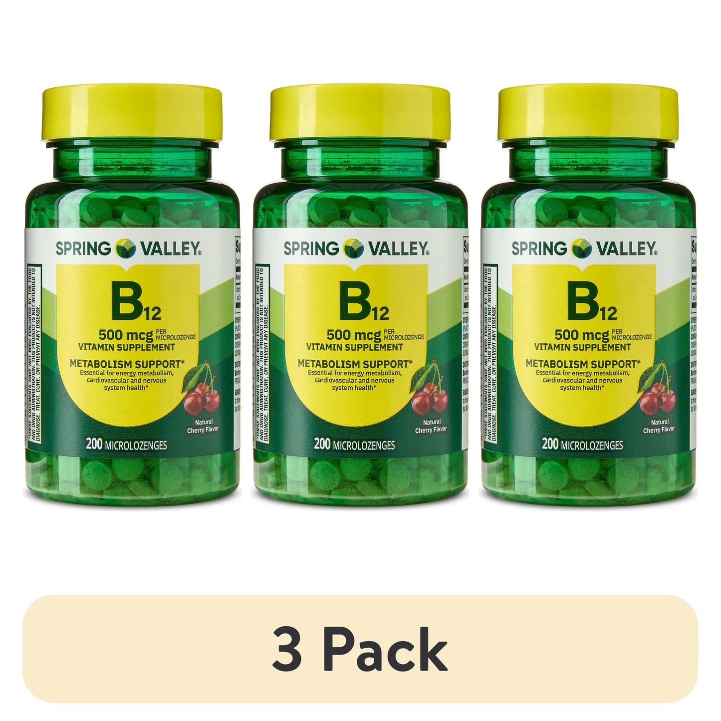 (3 pack) Spring Valley Sublingual Vitamin B12 Supplement, Cherry Flavor, 500 mcg, 200 Count, Microlozenges for Metabolism Support