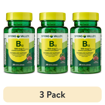 (3 pack) Spring Valley Sublingual Vitamin B12 Supplement, Cherry Flavor, 500 mcg, 200 Count, Microlozenges for Metabolism Support