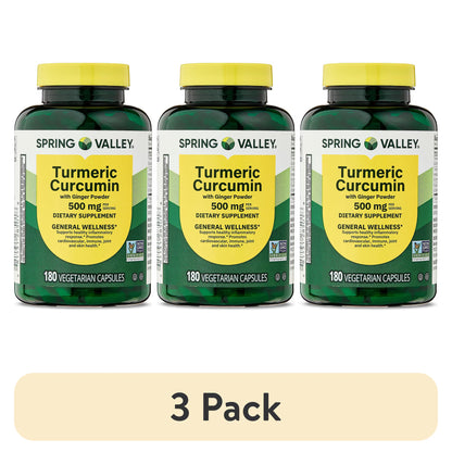 (3 pack) Spring Valley Turmeric Curcumin with Ginger Powder Dietary Supplement, 500 mg, 180 Count