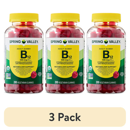 (3 pack) Spring Valley Vitamin B12 Supplement Vegetarian Gummies for Metabolism Support, Raspberry Flavor, 500 mcg, 200 Count