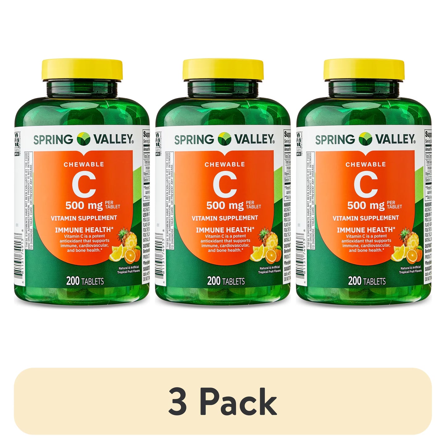 (3 pack) Spring Valley Vitamin C Dietary Supplement, Tropical Fruit, 500 mg, 200 Count, Chewable Tablets for Immune Health