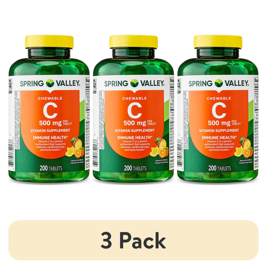 (3 pack) Spring Valley Vitamin C Dietary Supplement, Tropical Fruit, 500 mg, 200 Count, Chewable Tablets for Immune Health