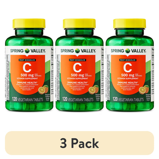 (3 pack) Spring Valley Vitamin C Dietary Supplement, Orange Flavor, 500 mg, 120 Count, Fast Dissolve Tablets for Immune Health