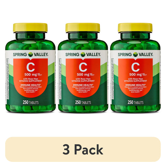(3 pack) Spring Valley Vitamin C with Rose Hips, 500 mg, 250 Count, Dietary Supplement Tablets for Immune Health