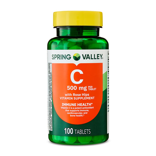 (3 pack) Spring Valley Vitamin C with Rose Hips, 500 mg, 100 Count, Dietary Supplement Tablets for Immune Health