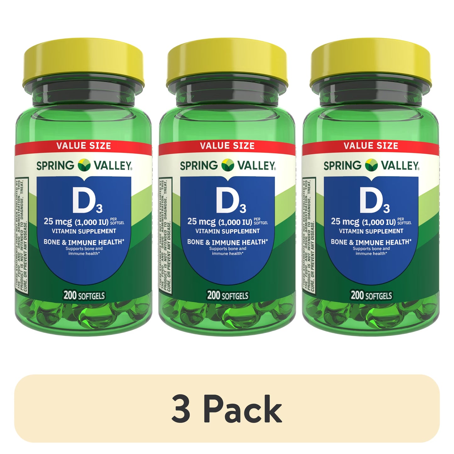 (3 pack) Spring Valley Vitamin D3 Softgels, 25 mcg (1000 IU), 200 Count, Supplement for Bone and Immune Health