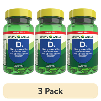(3 pack) Spring Valley Vitamin D3 Softgels, 25 mcg (1000 IU), 200 Count, Supplement for Bone and Immune Health