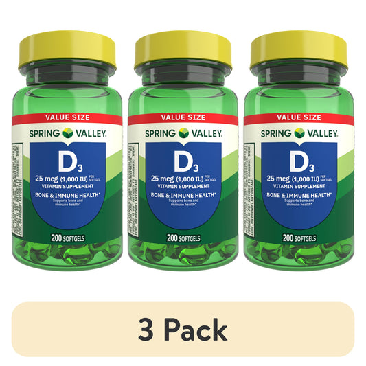 (3 pack) Spring Valley Vitamin D3 Softgels, 25 mcg (1000 IU), 200 Count, Supplement for Bone and Immune Health