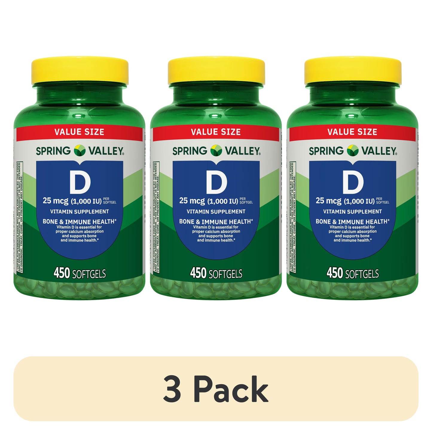 (3 pack) Spring Valley Vitamin D3 Softgels, 25 mcg (1000 IU), 450 Count, Supplement for Bone and Immune Health