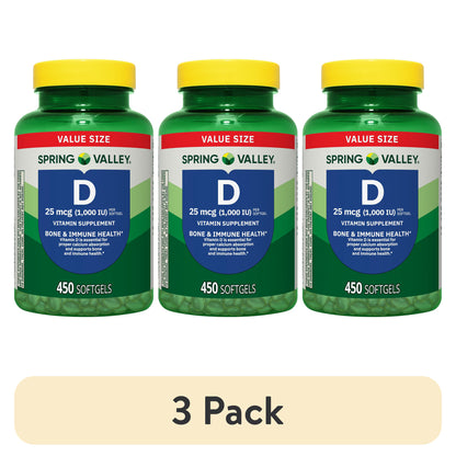 (3 pack) Spring Valley Vitamin D3 Softgels, 25 mcg (1000 IU), 450 Count, Supplement for Bone and Immune Health