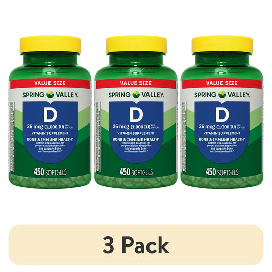 (3 pack) Spring Valley Vitamin D3 Softgels, 25 mcg (1000 IU), 450 Count, Supplement for Bone and Immune Health