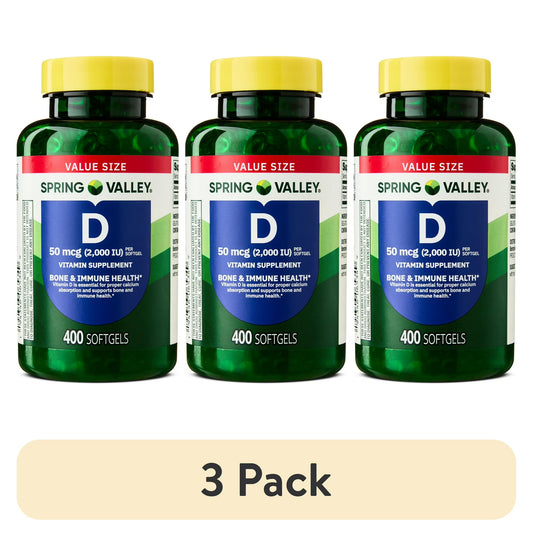 (3 pack) Spring Valley Vitamin D3 Softgels, 50 mcg (2,000 IU), 400 Count, Supplement for Bone and Immune Health