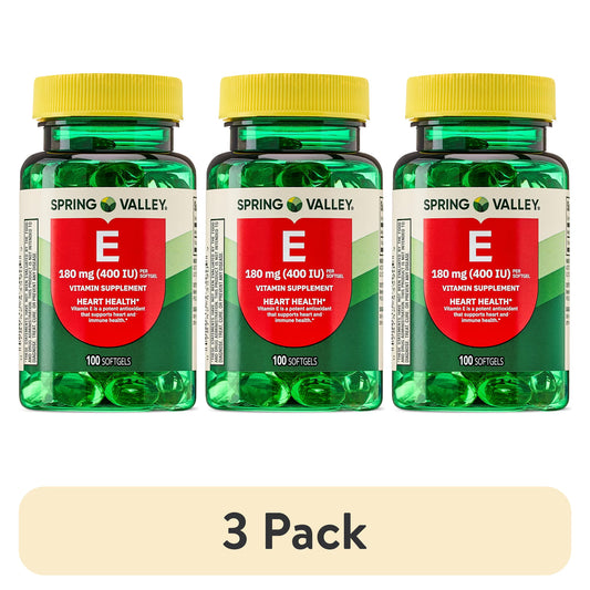(3 pack) Spring Valley Vitamin E 180 mg Softgels for Heart Health, 100 Count