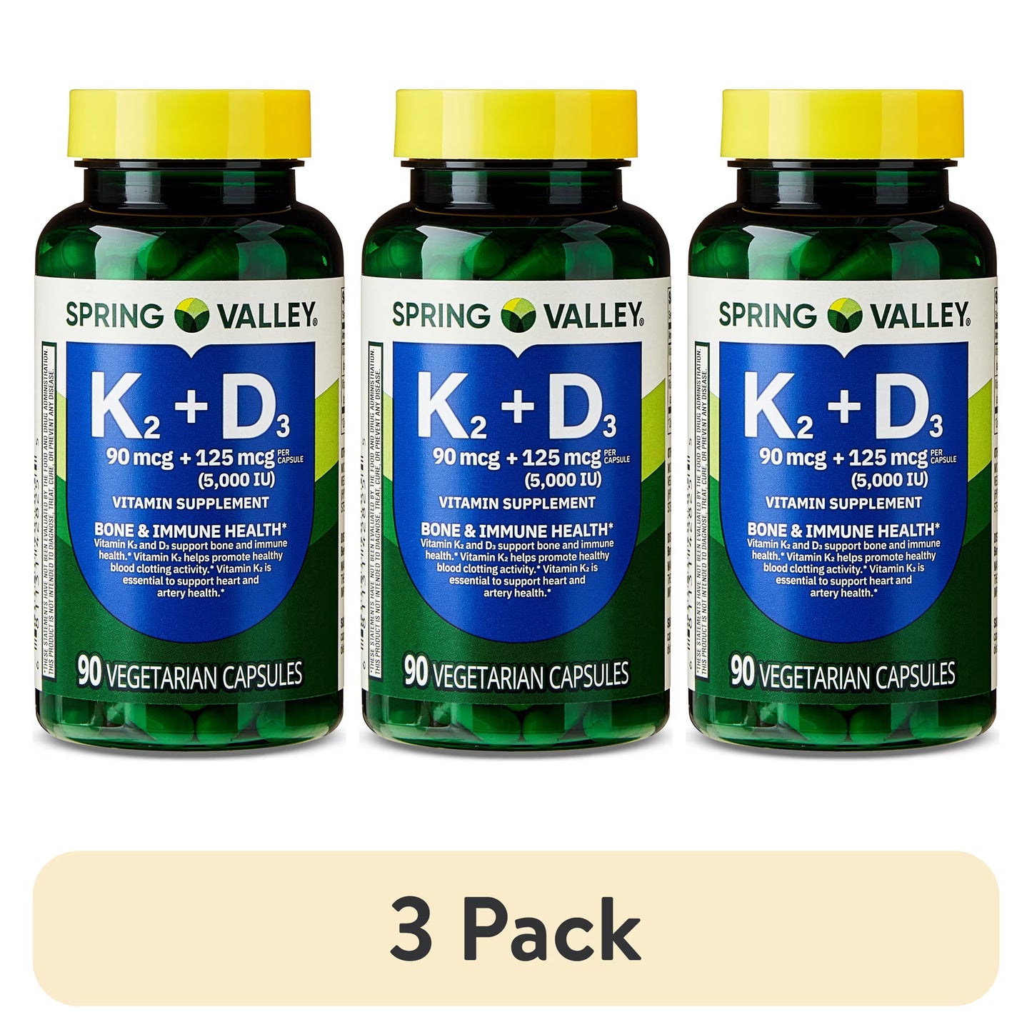 (3 pack) Spring Valley Vitamin K2 90 Mcg + D3 125 Mcg Vegetarian Capsules, 90 Count