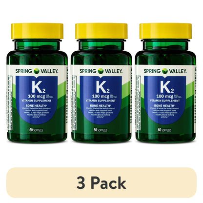 (3 pack) Spring Valley Vitamin K2 100mcg Soft Gel Capsules for Bone Health, 60 Count