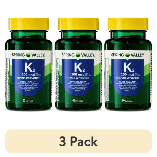 (3 pack) Spring Valley Vitamin K2 100mcg Soft Gel Capsules for Bone Health, 60 Count