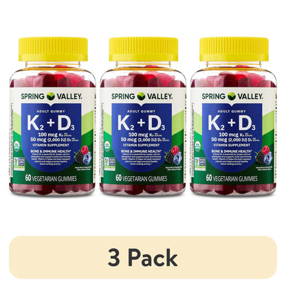(3 pack) Spring Valley Vitamin K2 + Vitamin D3 Gummies, Mixed Berry, 60 Count, Supplement for Bone and Immune Health