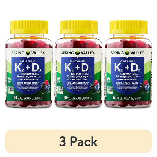 (3 pack) Spring Valley Vitamin K2 + Vitamin D3 Gummies, Mixed Berry, 60 Count, Supplement for Bone and Immune Health