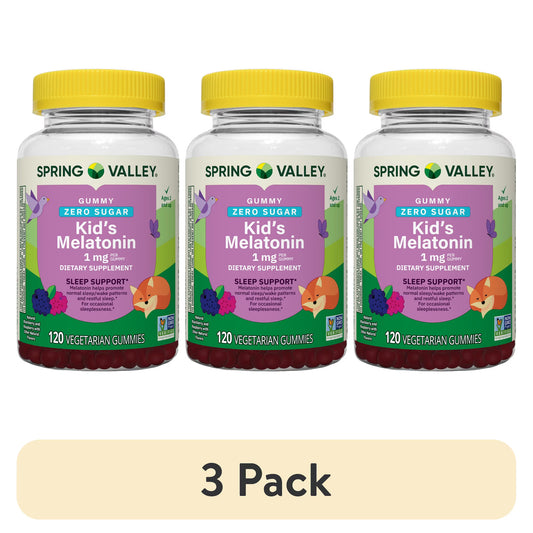 (3 pack) Spring Valley Zero Sugar Kids Melatonin Sleep Support Dietary Supplement Gummies, Raspberry and Blackberry, 1 mg, 120 Count