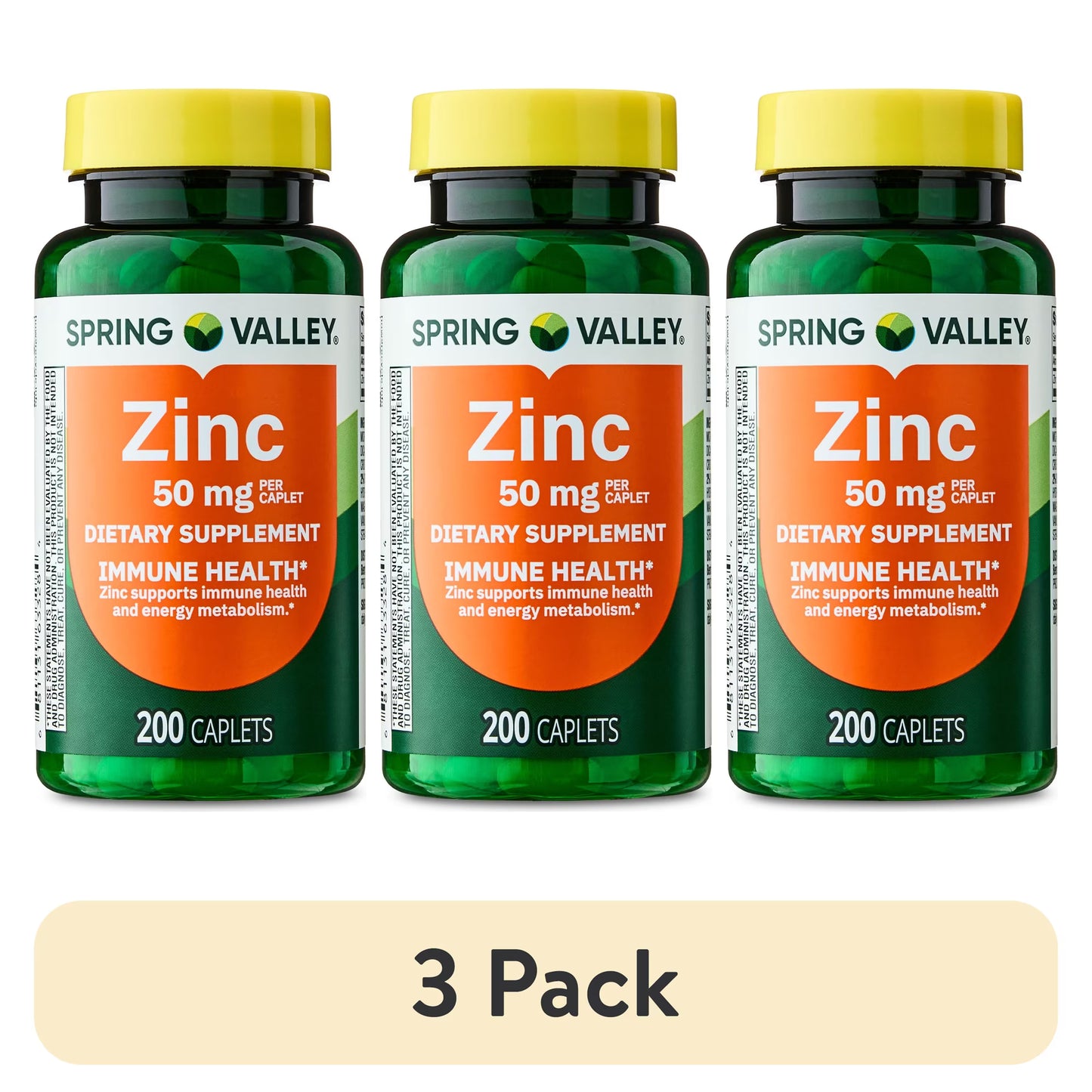 (3 pack) Spring Valley Zinc Dietary Supplement Caplets for Immune Health, 50 mg, 200 Count