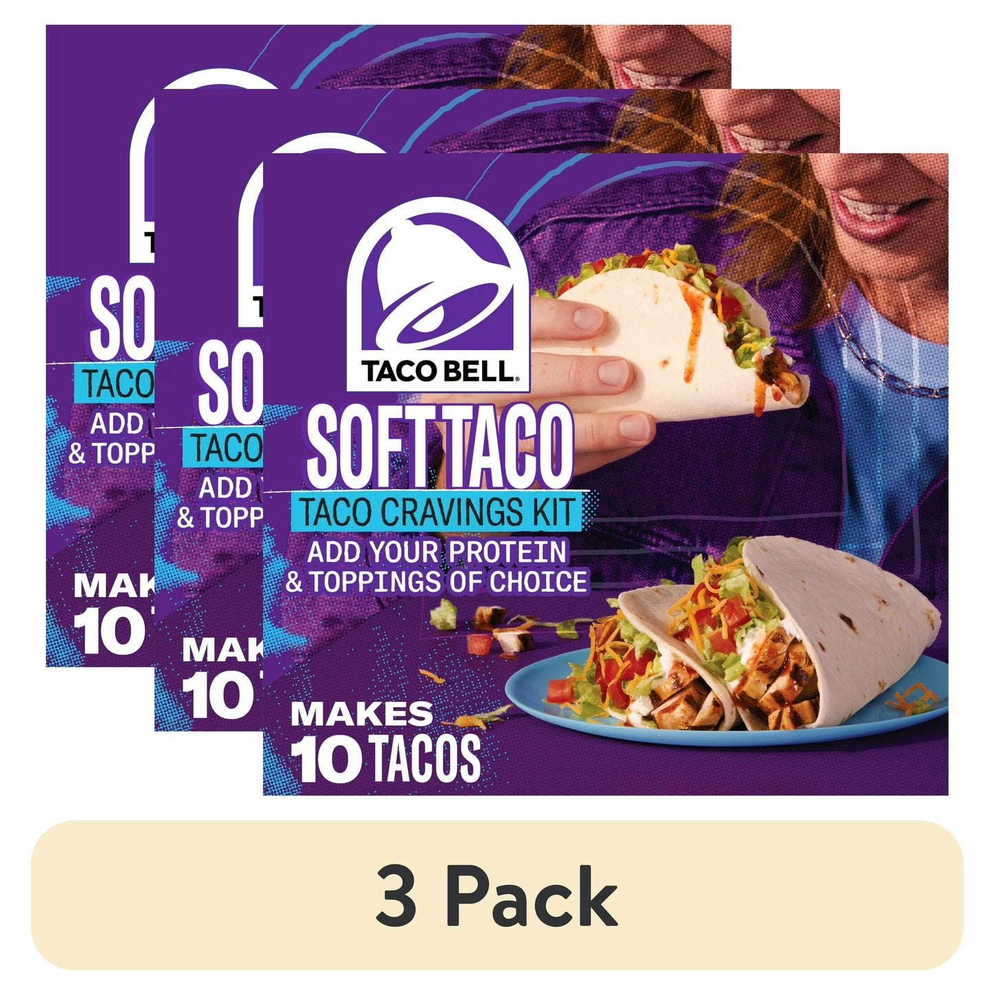 (3 pack) Taco Bell Soft Taco Cravings Kit with 10 Soft Tortillas, Taco Bell Mild Sauce & Seasoning, 14.8 oz Box