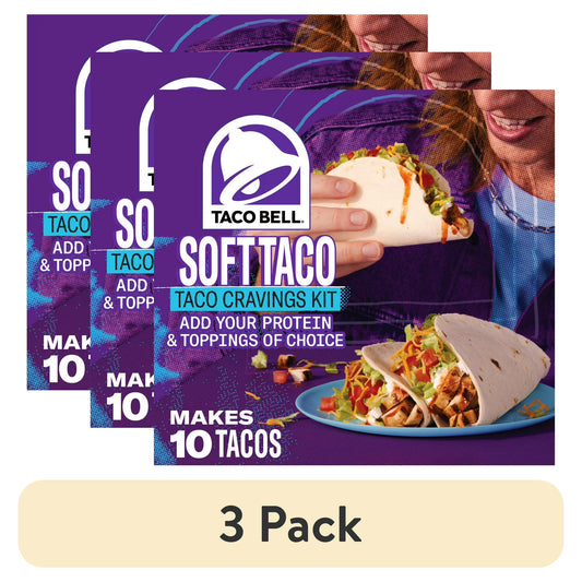 (3 pack) Taco Bell Soft Taco Cravings Kit with 10 Soft Tortillas, Taco Bell Mild Sauce & Seasoning, 14.8 oz Box