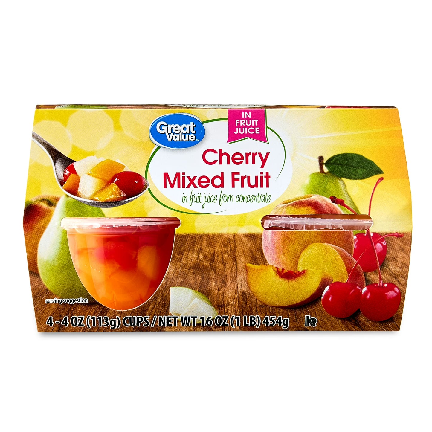 (6 pack) Great Value Cherry Mixed Fruit in 100% Juice, 4 oz, 4 Count