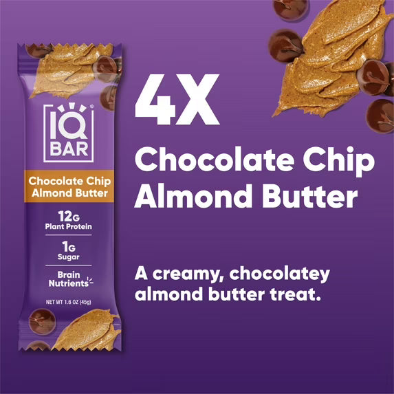 IQBAR Chocolate Chip Almond Butter Protein Bars - Vegan Energy Bars - High-Fiber Vegan Snacks - 4 Count Box