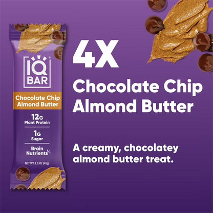 IQBAR Chocolate Chip Almond Butter Protein Bars - Vegan Energy Bars - High-Fiber Vegan Snacks - 4 Count Box