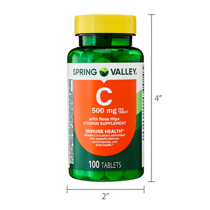 Spring Valley Vitamin C with Rose Hips, 500 mg, 100 Count, Dietary Supplement Tablets for Immune Health