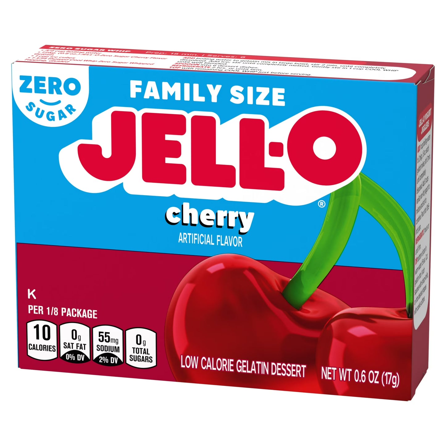 Jell-O Cherry Zero Sugar Low Calorie Gelatin Dessert Mix, Family Size, 0.6 oz Box